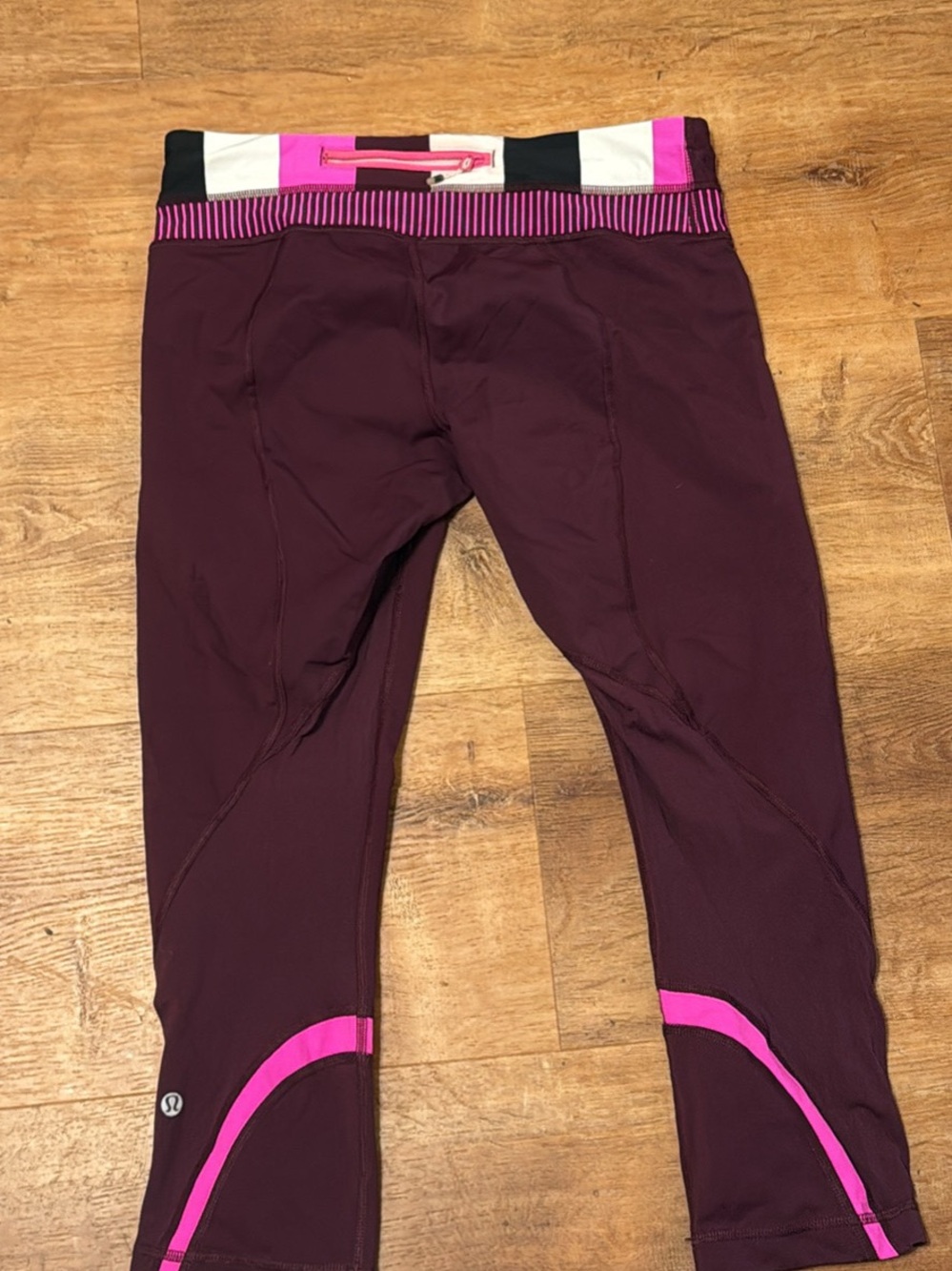 lululemon athletica Plum Capri Leggings with Pink and White Waistband